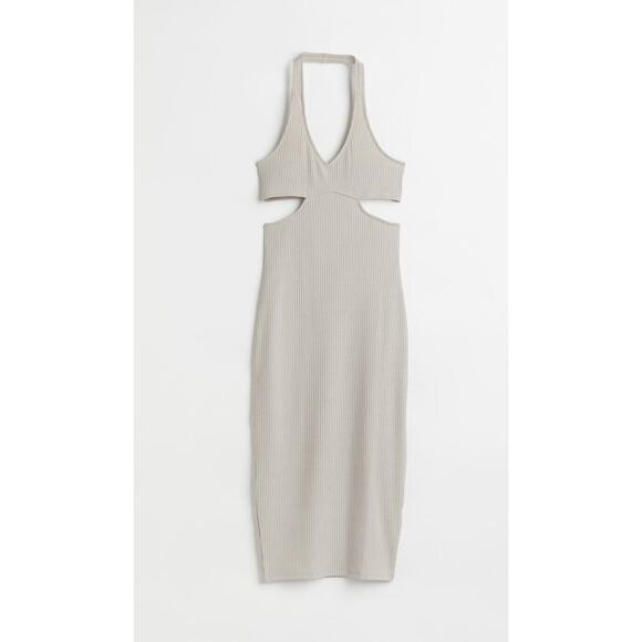 Divided H&M Beige Ribbed Halterneck Dress Sz XS Midi Fitted Open Back V-Neck NEW - Picture 12 of 12